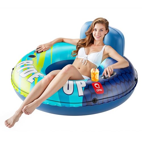 QPAU Inflatable River Tube, 0.4 mm Thickened Puncture-Resistant Heavy Duty River Float, River Raft with Ergonomic Backrest, Mesh Bottom & 2 Cup Holders for Adults and Friends Lake Float - color: Blue&Green