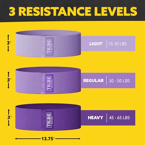 Tribe Lifting Resistance Bands for Working Out - 3 Pack Fabric Workout Bands for Women and Men - Booty Bands for Legs and Glute - Non Slip Exercise Bands Set for Squat Hip Thigh - color: Purple