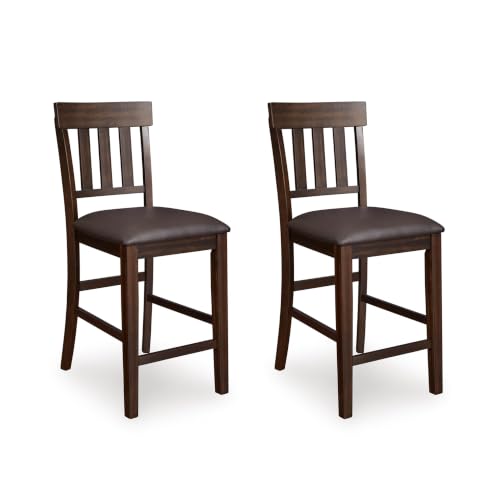 Signature Design by Ashley Haddigan Upholstered Barstool, 2 Count, Slat Back Design, Cushioned Seat, Wood, 25.5" H, Dark Brown | Easy-clean faux leather cushioned seat, Casual farmhouse wood slat back design, 25.6-inch seat height for kitchen islands - co