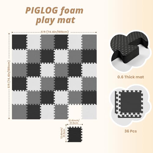 PIGLOG Baby Play Mat For Floor, Soft Foam Floor Tiles for Kids, Adjustable Interlocking Foam Tiles, Fit with 74x74 Playpen Baby Mat for Crawling & Play, Safe & Non-Toxic PlayMat for Babies 6-12 Months - color: White-gray-black, size: 36 PCS