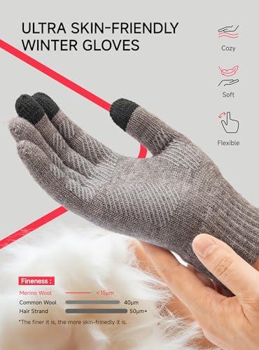 TRENDOUX Merino Wool Winter Gloves: Touch Screen Knitted Gloves Warm Thin Non-slip Glove for Men Women Driving Running Gift - color: Midgray, size: Large