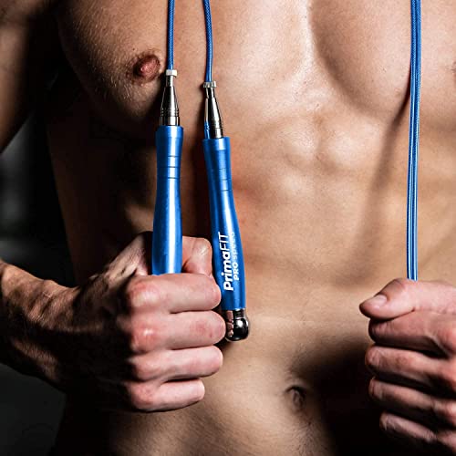 PrimaFIT Pro Speed Jump Rope for Adults, Weighted Skipping Rope for Boxing | Adjustable Jumping Rope for Fitness Workout & CrossFit Exercise, Double Unders, Handle Weights, 3m Cables 2 Protectors, Bag - color: Blue