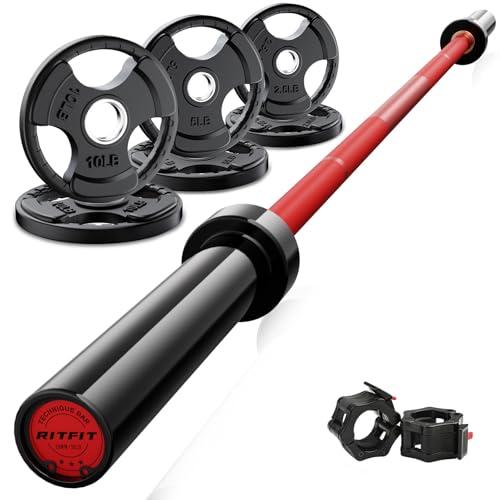 RitFit Barbell Weight Set - 4/6FT Olympic Barbell with Weight Plates (55-115LB Total) - Weightlifting Equipment for Squats, Curls, Deadlifts, Presses, Hip Thrusts - color: Black/Red, size: 6FT With 35LB Plates