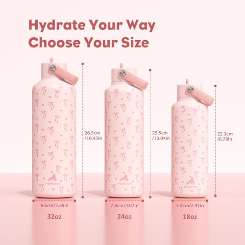 POWCAN 18 oz Insulated Water Bottle: Leakproof, Cup Holder Friendly, Standard Mouth, Top Handle, Double Walled Stainless Steel Water Bottle for Girl, Student, School, Bag, Camping (Sweetheart Bow) - color: Sweetheart Bow, size: 18 Ounces