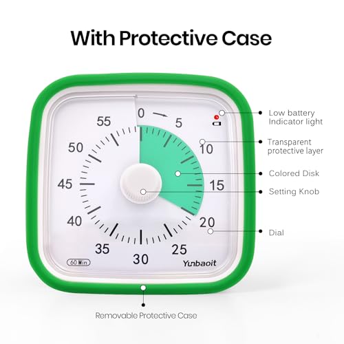 Yunbaoit Visual Timer, Silent 60-min Countdown Timer for Kids, Green Green | Protective Case, Time Management Tool, Mute and Ringing Alarm Available, Low Power Reminder, for Study,Game,Work,Fitness etc - color: Dark Green