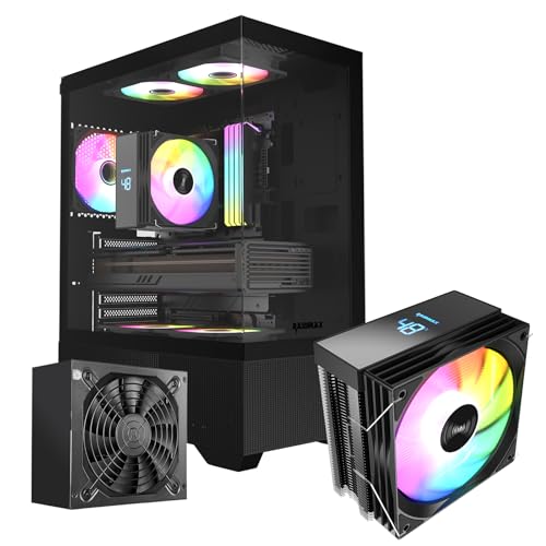 Raidmax i802 Vibe Series ATX Mid Tower Gaming Case Bundle – Tempered Glass Side Panel, Includes 700W 80+ Power Supply, AM1204 Digital Display Air Cooler, and 5 Pre-Installed FRGB Fans (Black) - color: Black