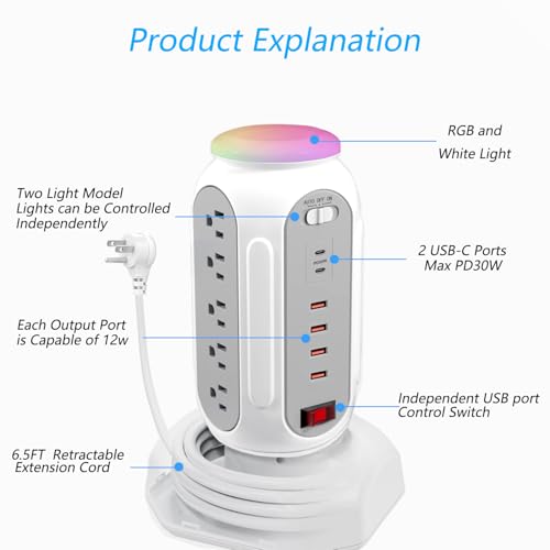 Power Strip Tower 15 Outlets 6 USB Ports, Surge Protector with Colorful Led-Light & PD 30W USB-C Fast Charger, Desktop Charging Station with 6.5ft Heavy Duty (White) - style: PD-30W-WHITE