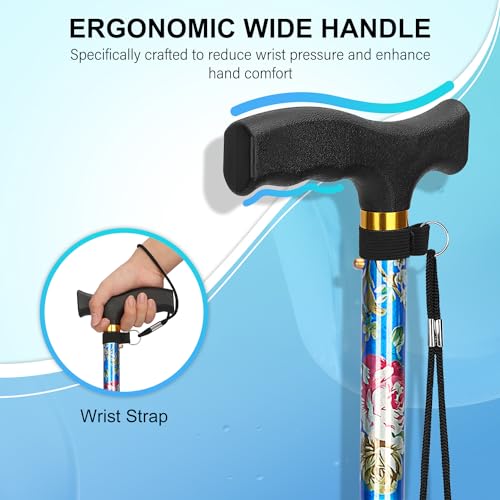 supregear Folding Cane, Lightweight 5-Level Adjustable Walking Stick with Wrist Strap and T-Handle, Portable Mobility Aid for Elderly and Disabled Men and Women - color: Floral Blue