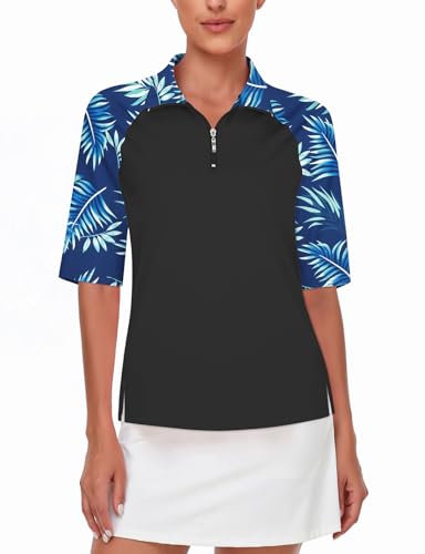 Cucuchy Womens Golf Shirt Half Sleeve Quarter Zip Polo Tennis Shirts Workout Tops - color: B-dark Blue Leaf, size: X-Large