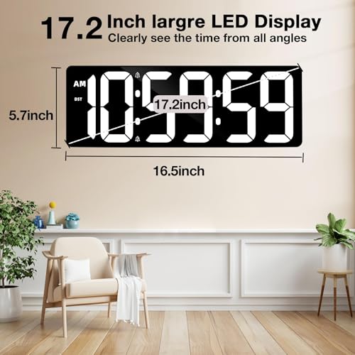 Large Digital Timer Wall Clock with Remote Control, 17.2" Count Down Up Digital Timer LED Display Auto DST Big Digital Clock for Bedroom Kitchen Living Room Office Gym Home Decor, White