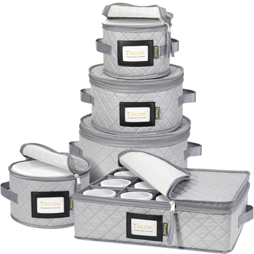 BALEINE China Storage Containers, Sturdy Quilted Wine Glass Storage, Plate Organizer with Carry Handles, Moving Boxes for Dishes, Cups, Mugs and Stemware (Plate Mug Combo, Soft Shell Grey) - color: Grey, style: Plate Mug Combo-Soft Shell