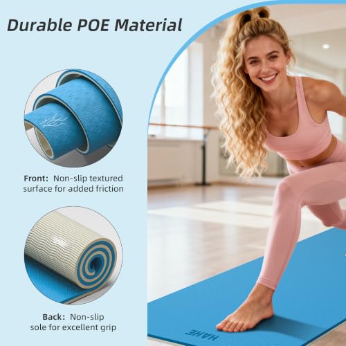 HAHE Wide Yoga Mat 72"x32"x0.4" Thick Pilates Mat with Carrying Strap | Exercise Mats for Home Workout, Wide Non-slip Exercise Mats, Double-Sided POE Fitness Mat for Yoga, Pilates & Travel - color: Blue+Milk Coffee