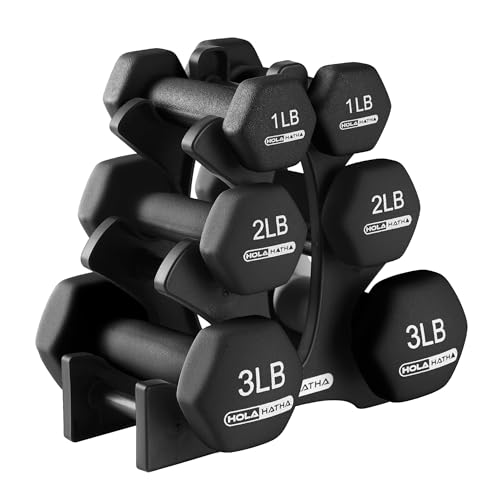 HolaHatha 1, 2 and 3 lb Neoprene Dumbbell Strength Training Weight Set with Rack - color: Black, size: 12 LB