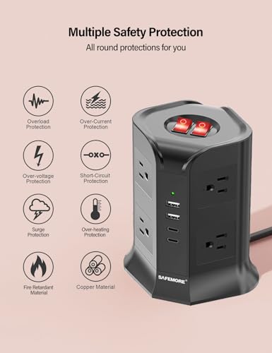 12-in-1 Power Strip with 8 AC Outlets & 4 USB Ports (2 USB-C) - 6ft Heavy Duty Surge Protector with Auto-Reset GFCI, 10A Tower for Home Office, Dorm, Travel & Garage - style: 3 Prong GFCI Plug