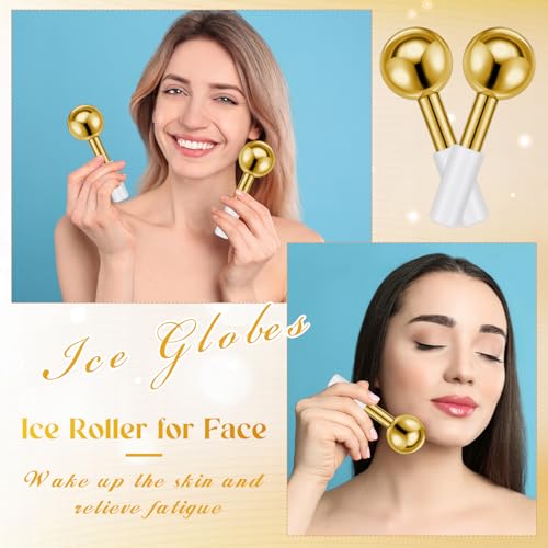 Baderke 2 Pcs Ice Globes for Face Stainless Steel Cooling Globes Unbreakable Cooling Roller Women Ice Balls Cryo Sticks Facials Skin Care for Dark Circles, Puffiness(Gold (White Handle)) - color: Gold (White Handle)