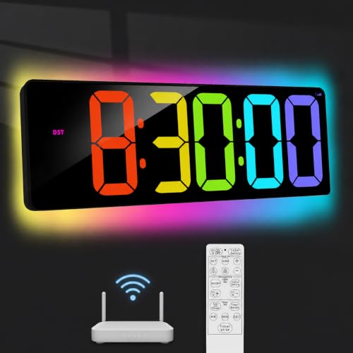 TXL 17.2" WiFi Digital Wall Clock with Seconds, Large Countdown Timer for Classroom Home Gym Office, Alarm Clock with Remote Control, RGB Ambient Lights, 4 Dimmable Brightness, Auto DST(RGB) - color: Rgb