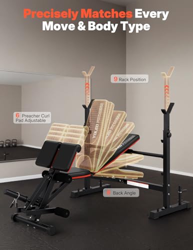 YOLEO Weight Bench with Rack - Bench Press Set, Leg Extension, Preacher Curl & Flat/Incline/Decline Full Body Workout Bench, Adjustable Olympic Weight Benches for Home Gym(47.44IN WIDE GRIP)