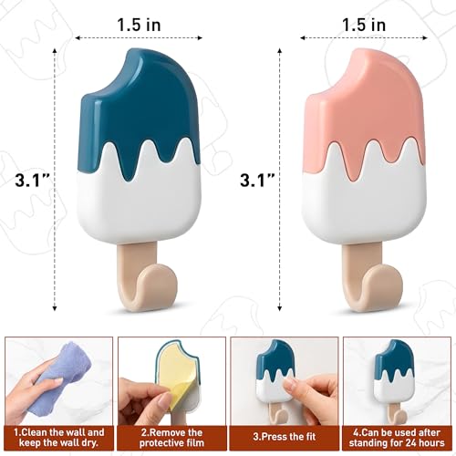 GOMARO 6 Pack Cute Wall Hooks Ice Cream Shape for Kids Room Colorful Adhesive Coat Hooks for Backpacks Keys Creative Towel Hangers Kids Bathroom Decorative Kitchen Nursery Wall Mounted Organization