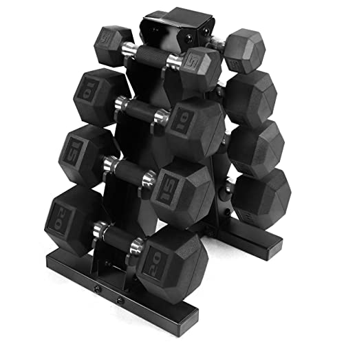 WF Athletic Supply Rubber Encased Hex Dumbbells with Rubber Grip Contoured Handle for Muscle Toning, Strength Building & Full Body Workout - color: q. 5LB, 10LB, 15LB and 20LB Pair w/ 4-Ter Rack