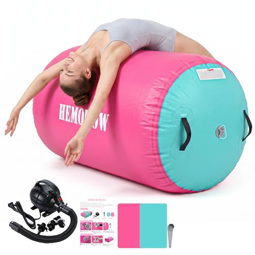 Inflatable Gymnastics Air Barrel Roller with Electric Pump, Heavy Duty PVC Tumbling Barrel Back Handspring Trainer, Air Tumble Track Mat for Home Gym, Cheerleading, Yoga Practice - color: Pink & Green, size: 3.3'L x 2'D
