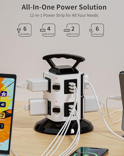 Power Strip Tower with 6 Outlets, 4 USB-A & 2 USB-C Ports, 1875W/15A Heavy Duty Charging Station for Multiple Devices, Plug Tower with 6ft Extension Cord, for Home, Office, Dorm - size: 2-Tier