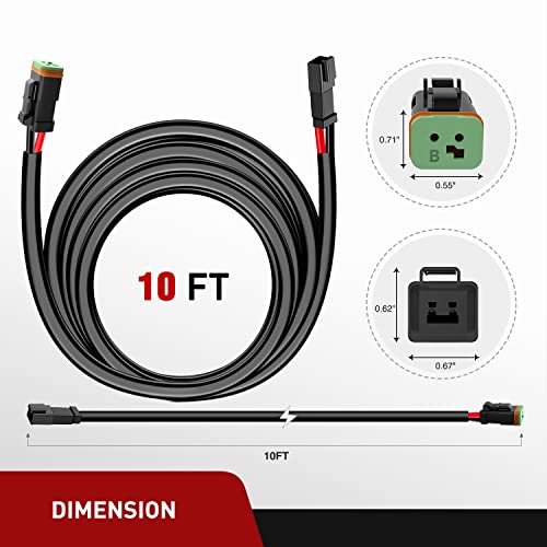 Nilight 2 PCS 16AWG 10 Feet Wiring Harness Extension Kit, Extended Plug and Play 2-pin Socket DT Connector Wire Cord for Offroad LED Light Bar Driving Fog Boat Work Lights - size: 16AWG -10FT 2Pin DT