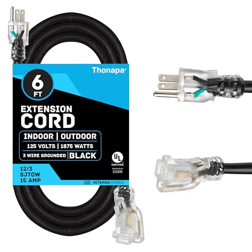 Thonapa 12 Gauge Extension Cord 6 Ft Outdoor - 12/3 Heavy Duty, Lighted End | SJTW Black Cable, 3 Prong, Grounded Plug, For Job Sites, Garden & Major Appliances - color: Black, size: 6 Foot