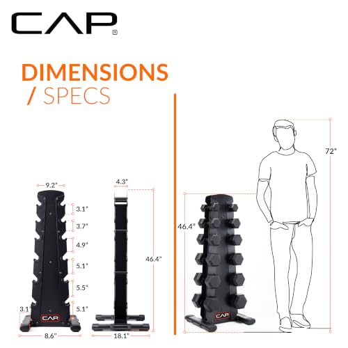CAP Rubber Coated Hex Dumbbell Set with Storage Rack | 100–210 lb Options, Space-Saving Vertical Compact Storage for Home Gym Strength Training - size: 210 lb - Set - Black Rack, style: Black Handle
