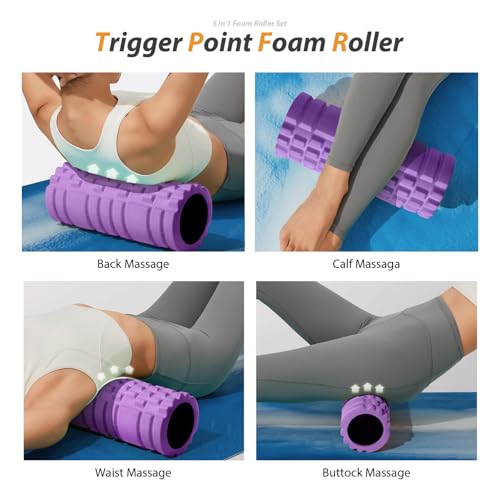 5 in 1 Foam Roller Set for Deep Tissue Muscle Massage, High Density Trigger Point Fitness Patented Exercise Foam Roller, Massage Roller, Massage Ball, Resistance Band, for Whole Body(Purple) - color: Purple