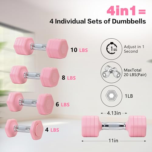 Adjustable Dumbbell Set of 2 Total 20 Lbs 4-in-1 Each 4lb 6lb 8lb 10lb 1s-Adjust Dual-Stable Free Weights for Women Men Home Gym Outdoor Workouts - color: Pink [20LBS Total]