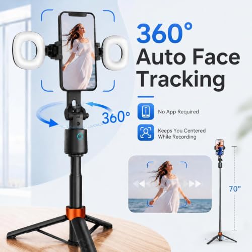 70" Auto Face Tracking Tripod with Light, 360° Smart Phone Stand with Remote, Selfie Stick for iPhone Android, No App Needed, Video Recording Vlogging Live Streaming