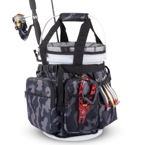 Fishing Bucket Organizer with Mesh Cover 5 Gallon Bucket Accessories Waterproof 600D Adjustable Fishing Tackle Bag with Multi-Pockets for Fishing Gear and Equipment