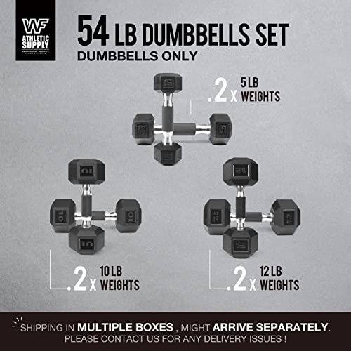WF Athletic Supply Rubber Encased Hex Dumbbells with Rubber Grip Contoured Handle for Muscle Toning, Strength Building & Full Body Workout - color: n. 5LB, 10LB and 12LB Pair (Totally 54LB)