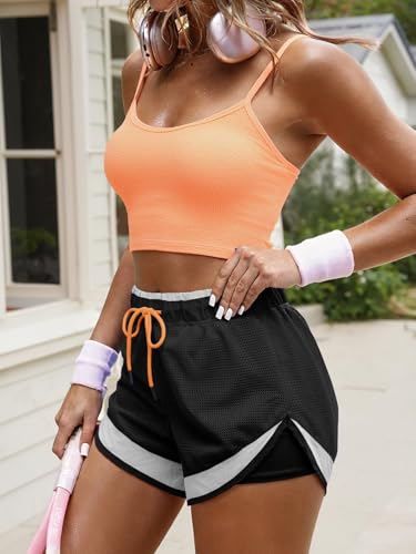 Fisoew Women Athletic Shorts 2 in 1 Running High Split Color Block Workout Yoga Mesh Shorts Pocket Drawstring - color: Black, size: Small
