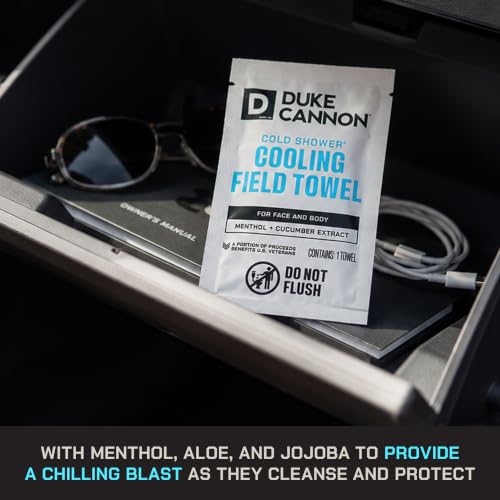 Duke Cannon Cold Shower Cooling Field Towels, 15 Count, 1 Box | Menthol, aloe and jojoba provide instant cooling and cleansing with 15 individually wrapped towels in a resealable pouch.