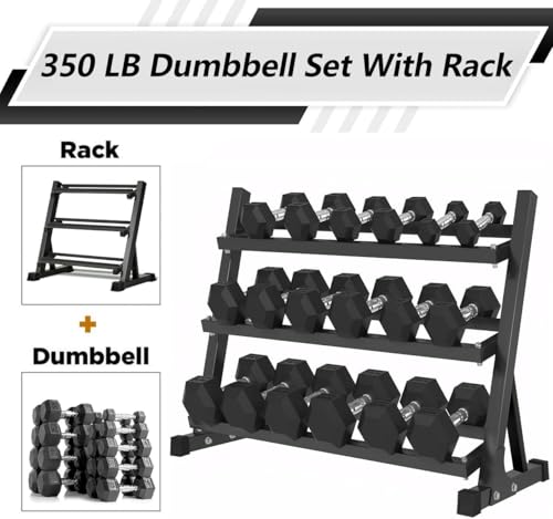 Rubber Hex Dumbbells with Rack 350/450/550 LBS - Free Weights Dumbbell Set Home Gym Equipment Exercise & Fitness Dumbbells for Strength Training - style: 350LB