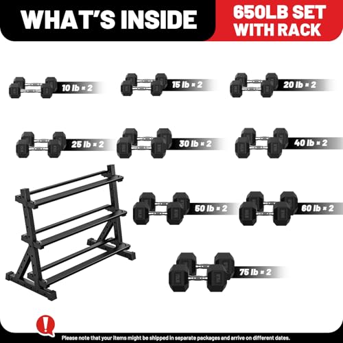 PAPABABE Dumbbell Set with Rack Dumbbells Rubber Encased Home Gym | PAPABABE Complete & Durable Cast Iron Core Odorless PVC Antiroll Hex Shape Ergonomic Chrome Handle Versatile Home Gym - size: 650LB with 3-Tier Weight Rack