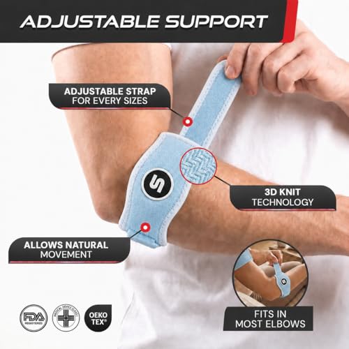Sleeve Stars Tennis Elbow Brace for Men & Women, Elbow Brace for Tendonitis, Tennis Elbow Strap, Golfers Elbow Brace, Elbow Support Wrap for Tennis Elbow Relief, Fits 9"-23" (Single/Light Blue) - color: Light Blue