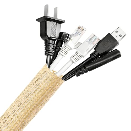 AGPTEK Cable Sleeve, 20ft - 1 inch Cable Management Desk Cord Cover Organizer Wire Hider for Home Office Computer TV Wire Loom Tubing Pet Proof Cord Protector from Cat Dog Chewing, Wood Color - color: Wood Color, size: 1"-20ft