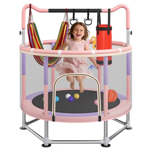 Full Wrap-Around Double Ring Legs 440lbsToddler Trampoline with Net,Trampoline for Kids - color: Pink, size: 55''