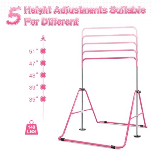 Expandable Gymnastics Bars with Ring, Adjustable Height Gymnastic Horizontal Bars, Gym Junior Training Bar Children Folding Training Monkey Bars for Kids - color: Pink