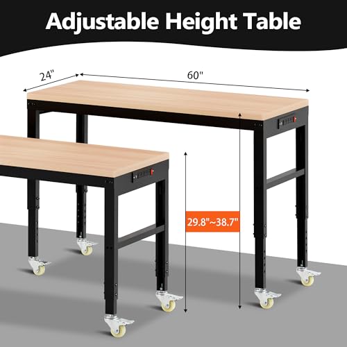 Antifir 60” Adjustable Workbench，Heavy Duty Wood Work Bench 2000 Lbs Load Capacity,Work Table with Power Outlet and Wheels for Garage, Workshop, Office, Home - size: 60x24" With Wheel