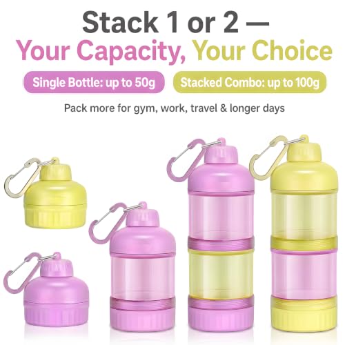 2 Pack Protein Powder Container to Go with Keychain & Keyring, Large Capacity, Clear, Leakproof, Ideal for workouts, fitness, or travel (Pink&Yellow) - color: Pink&Yellow