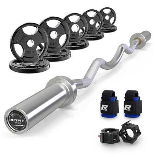 RitFit 2 Inch EZ Curl Bar with Weights, 350LBS Capacity Olympic Barbell for Bicep & Triceps, Home Gym Strength Training - style: Silver(with 155LB Weights,Collar and wrist)