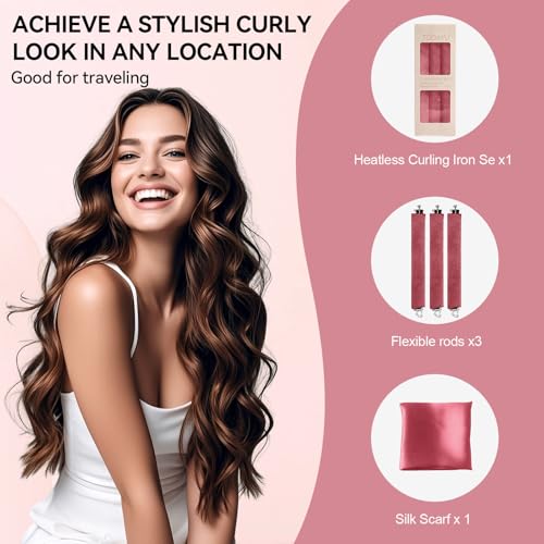 Heatless Curls Overnight Hair Care Set - Jumbo Velvet Hair Curlers | No Heat Hair Rollers for Women, Comfortable Sleep-In Hair Rollers with Satin Scarf, No Heat Damage Curling Rods for All Hair - color: RoseRed-6PCS