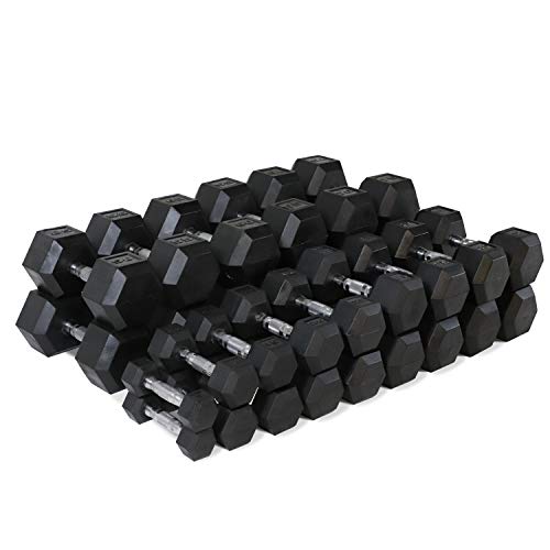 WF Athletic Supply Rubber Coated Hex Dumbbell Set, Multiple Choices Available - Dumbbells with Rack Stand and Mat, or Dumbbells Only (200/550/1200/2100/3000 LB) - color: g. 5 - 75LB w/ 3-tier RED Rack and Mat