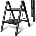 2 Step Ladder, Uoisihur Folding Step Stool with Wide Pedals, 330lbs | Foldable black step stool for kitchen, closet, RV, pantry, and home reach, anti-slip wide pedals, 17 in W x 25 in H