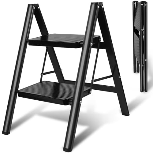 2 Step Ladder, Uoisihur Folding Step Stool with Wide Pedals, 330lbs | Foldable black step stool for kitchen, closet, RV, pantry, and home reach, anti-slip wide pedals, 17 in W x 25 in H