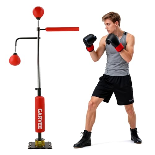 3-in-1 Adjustable Height Boxing Punching Bag Stand, with Speed Ball & Rotating Bar, Suction Base, for Home Gym Training, Red