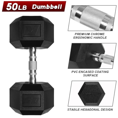 Ritfit 5-650 LBS PVC Encased Hex Dumbbell Sets with Optional Rack for Home Gym, Hand weight with Chrome Handle for Strength Training,Workouts - style: 2X50LBS